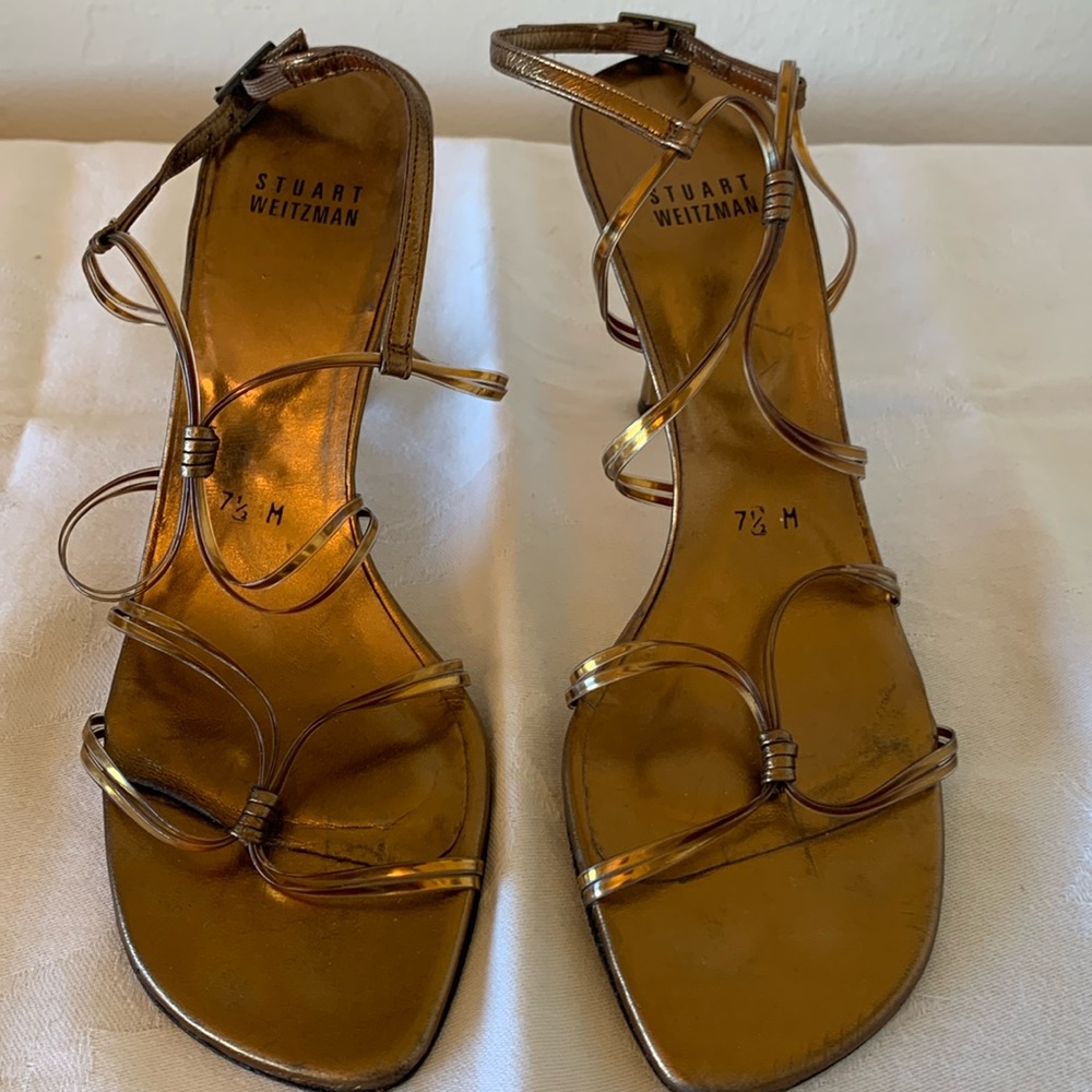 Stuart Weitzman Copper/Gold Metallic Stiletto Sandals - size 7.5